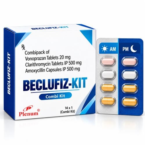 Combipack of Vonoprazan Tablets 20 Mg Clarithromycin Tablets 500 Mg Amoxycillin Capsules 500 Mg | Beclufiz-Kit